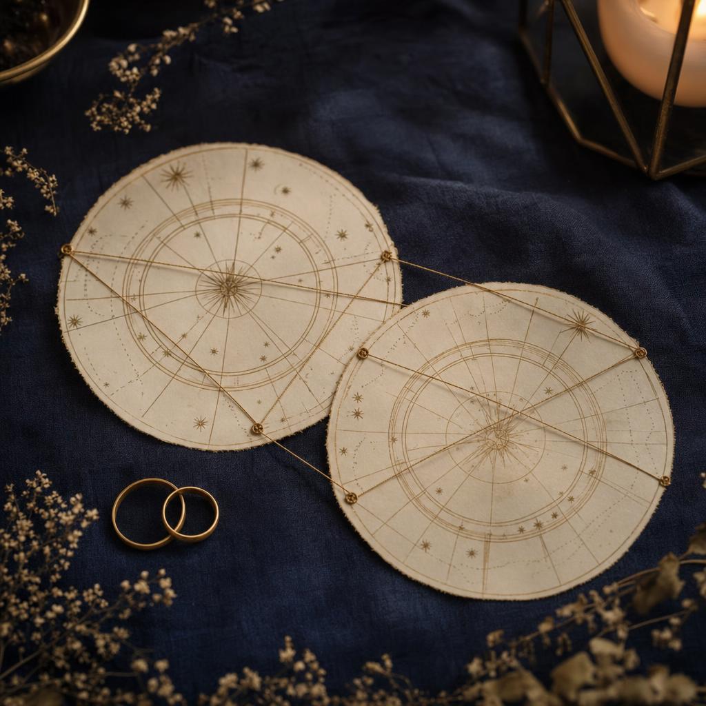 Două roți astrologice desenate cu aur, legate de un fir de alamă